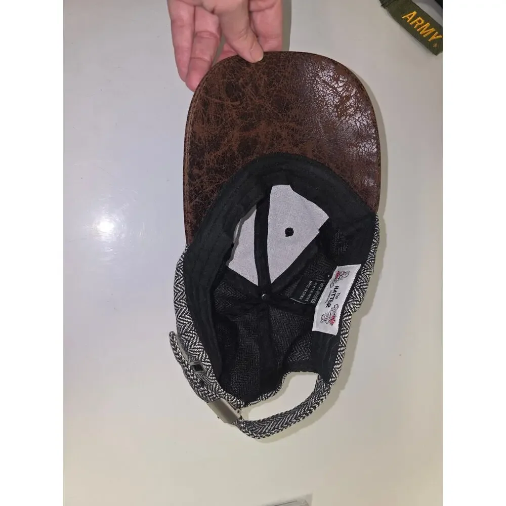 Herringbone Fabric Baseball Cap with Brown Faux-Leather Brim